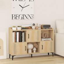 Sideboard Storage Cabinet Bookcase With 3 Doors & Open Compartments - 卡其色 - 查看 7