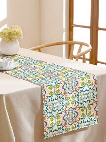1 pieza Camino de mesa de lino con estampado floral geométrico bohemio pintado a mano, adecuado para días festivos, fiestas, cumpleaños, cenas, decoración de mesa de comedor, cocina, gabinete, decoración de habitación para todas las estaciones