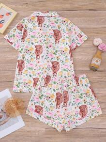 Two-Piece Women's Cow And Flower Print Pajamas, Casual And Comfortable Short-Sleeved Shirt And Shorts Set, Women's Pajamas - 白色 - 查看 2