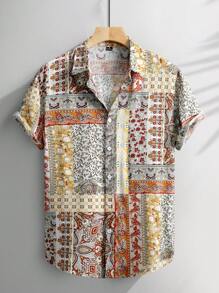 Men's Floral Print Single Breasted Casual Short Sleeve Shirt