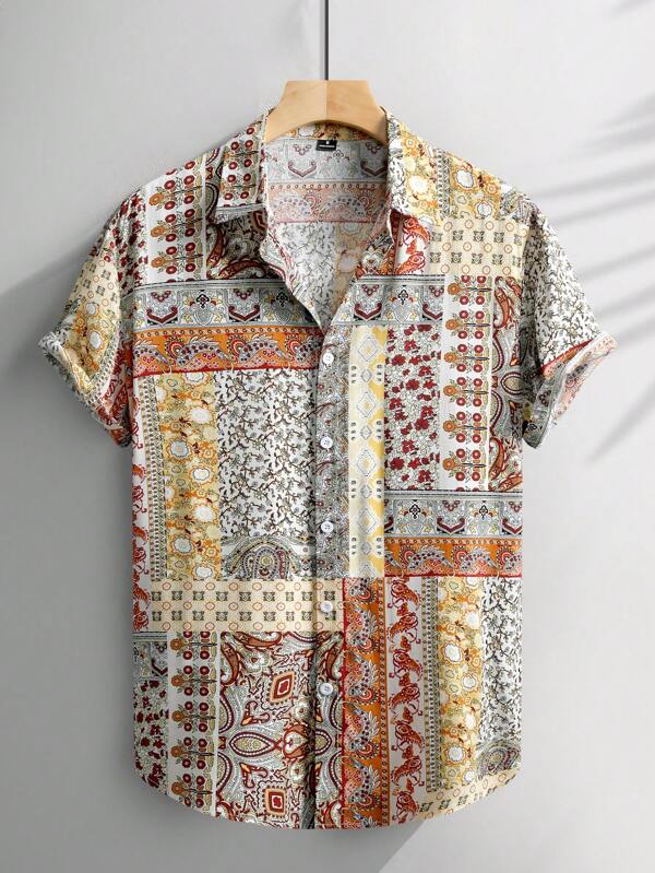 Men's Floral Print Single Breasted Casual Short Sleeve Shirt