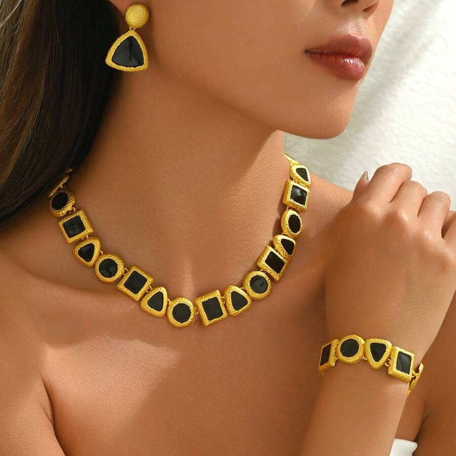Elegant Geometric Crystal French Romantic Wedding Party Evening Luxurious Women Necklace Earrings Bracelet Set