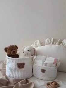 1pc Cute Bear Quilted Storage Basket For Baby Clothes, Diapers And Toys Organization - White - View 3