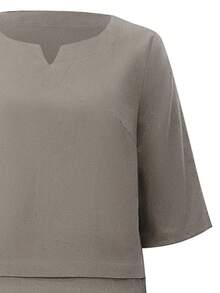 2pcs/Set Women Solid V-Neck Top And Pocket Pants Casual Outfit - Mocha Brown - View 4