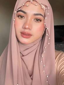 1 pièce Foulard hijab en mousseline de soie pour femmes avec décoration de chaîne en dentelle perlée pour mariage, festival, fête