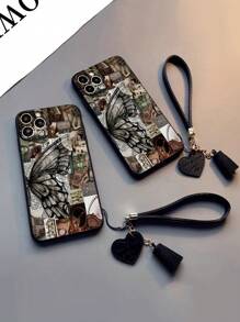 1 件镂空直边动物蝴蝶彩绘加厚防震彩绘手机壳配新皮革心形腕带 DIY 手机壳饰物，流苏吊坠短腕带饰物 - 彩色 - 查看 1