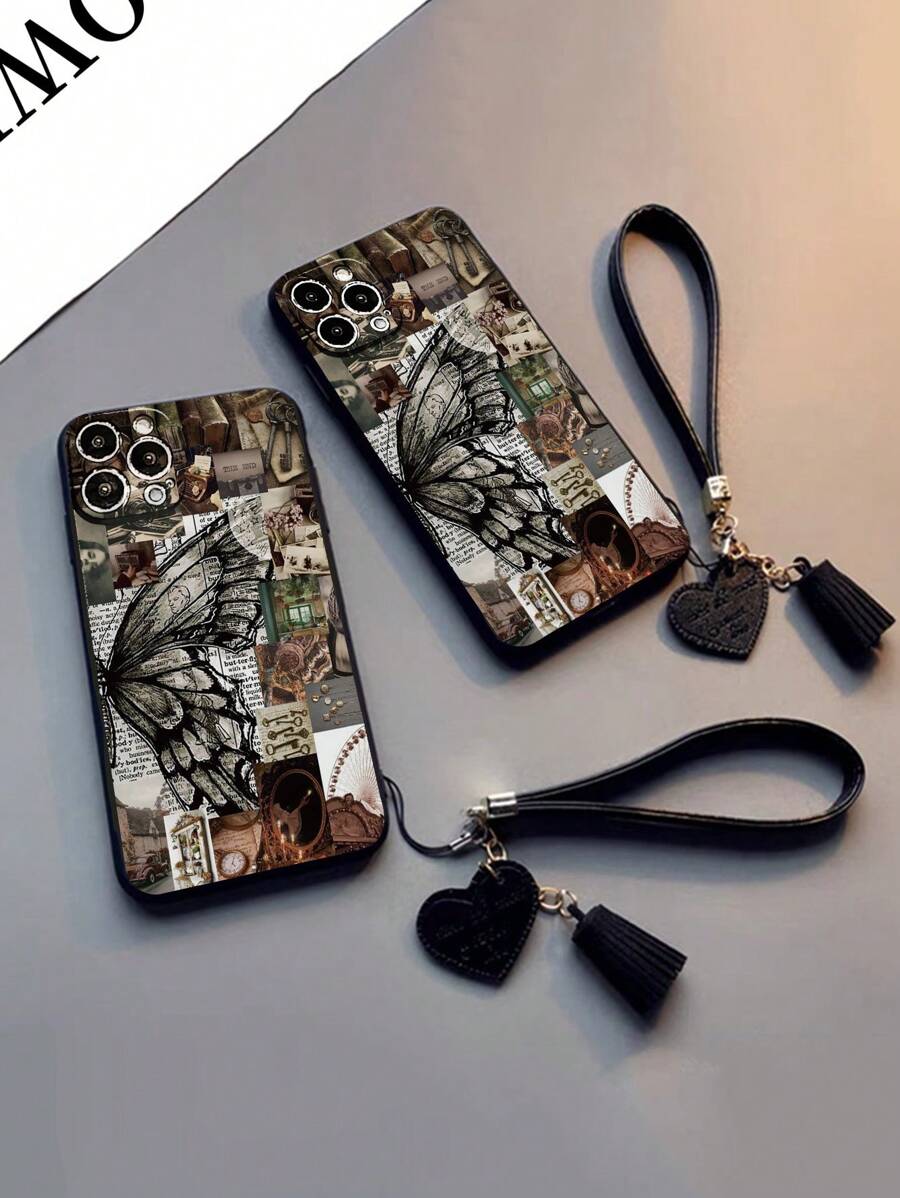 1 件镂空直边动物蝴蝶彩绘加厚防震彩绘手机壳配新皮革心形腕带 DIY 手机壳饰物，流苏吊坠短腕带饰物 - 彩色 - 查看 1