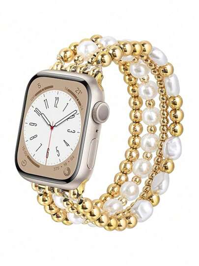 Beaded Bracelet Compatible With Apple Watch Band 41mm 40mm 38mm 42mm 44mm 45mm 49mm Women, Golden Beads , Cute Handmade Elastic Stretch Strap For Series SE 9 8 7 6 5 4 3 2 1,Couple Gifts,Gold Bracelet Set