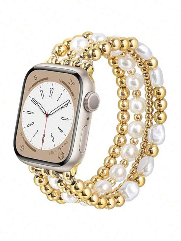 Beaded Bracelet Compatible With Apple Watch Band 41mm 40mm 38mm 42mm 44mm 45mm 49mm Women, Golden Beads , Cute Handmade Elastic Stretch Strap For Series SE 9 8 7 6 5 4 3 2 1,Couple Gifts,Gold Bracelet Set