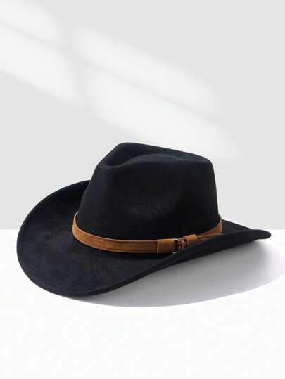 1pc Men's Vintage Style Minimalist Suede Brim Fedora Hat With Fashion Belt Buckle Decor, Suitable For Party, Outdoor Activities, And Accessory