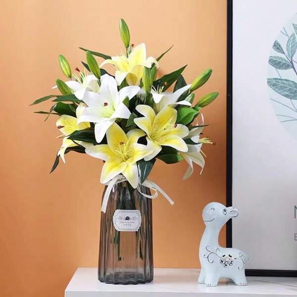 3 Stems Artificial Lily Flowers, Living Room, Dining Table, Fresh Fake Floral Decor, Photography, Flower Arrangement, Home Decor, Wedding, Holidays Gift