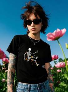 Fashion Cartoon Graphic Print Hip-Pop Women's Loose-Fit T-Shirt Street Wear Pure Cotton Crew Neck Short Sleeve Leisure Vintage Washed Tee-Shirt Oversized Baggy Tee - 黑色 - 查看 1