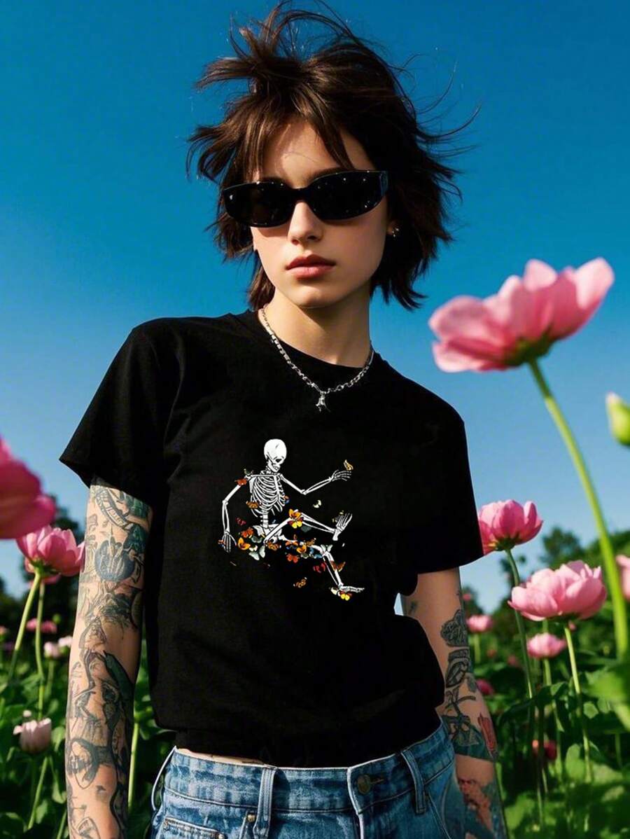 Fashion Cartoon Graphic Print Hip-Pop Women's Loose-Fit T-Shirt Street Wear Pure Cotton Crew Neck Short Sleeve Leisure Vintage Washed Tee-Shirt Oversized Baggy Tee - 黑色 - 查看 1