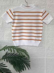 Striped Knit Blouse Short Sleeve High Elasticity Summer Modal Premium - White Beige - View 2