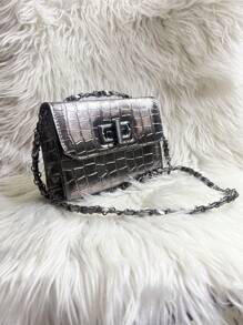 Women's Crocodile Shoulder Bag With Crossbody Strap And Swivel Closure - grafit - View 2