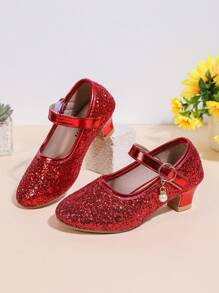 Neue Mädchen Mode glitzernde Hochabsatz Schuhe, flache Spitzschuh Schnallenverschluss Prinzessin Tanzperformance Schuhe für ältere Kinder