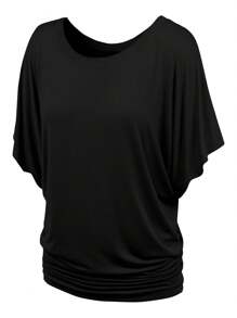 HIGHFINE Women's Boat Neck Short-Sleeved Bat Sleeve On The Band Side Draping - màu đen - Xem 1