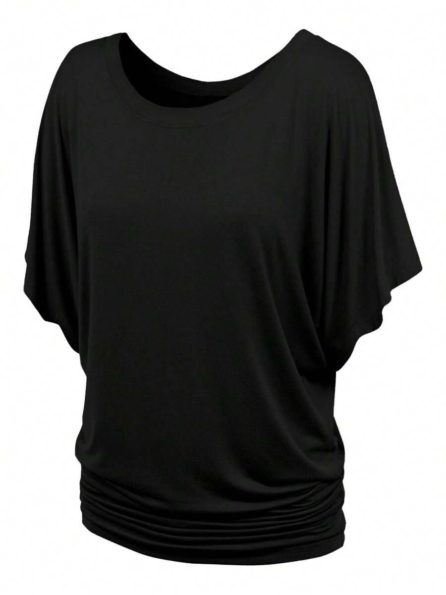 HIGHFINE Women's Boat Neck Short-Sleeved Bat Sleeve On The Band Side Draping - màu đen - Xem 1