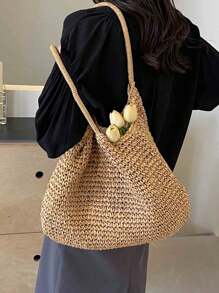 Fashion Large Capacity Holiday Beach Bag, Women Straw Tote Shoulder Bag, Casual Woven Shoulder Bag Suitable For Travel, Beach, Picnic, Great Gift For Ladies & Mothers, Summer Straw Beach Bag For Women, Vacation Essentials, Perfectly Matching With Beach Accessories Women, Fashion Summer Vacation Bag, Beach Essentials Women Bags For Vacation & Holiday, Perfect For Summer, Vacation & Beach, Hottest Beach Bags - Khaki - View 7