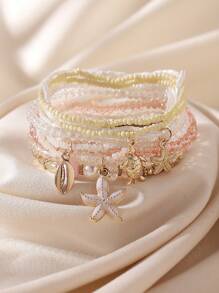 10pcs/Set Bohemian Ocean Style Dolphin, Starfish, Turtle, Shell Beaded Elastic Bracelets, Suitable For Women, Beach Holiday, Personalized Accessories, Holiday Gift