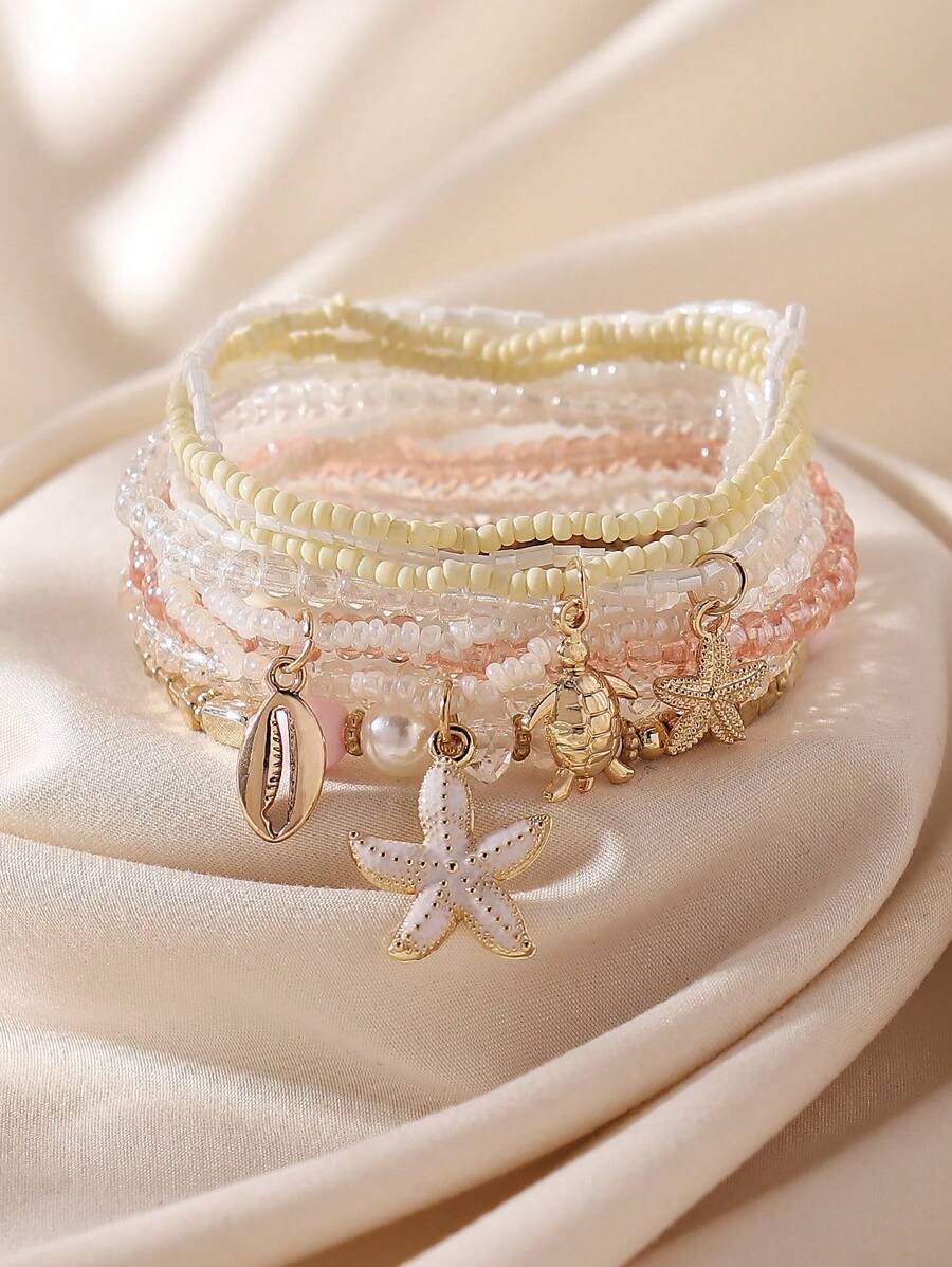 10pcs/Set Bohemian Ocean Style Layered Bracelets, Dolphin, Starfish, Turtle, Shell Pendant Bead Chain Elastic Bracelet Set, Suitable For Women Daily, Casual, Beach, Travel - Ocean Style Rice Bead Set - View 1