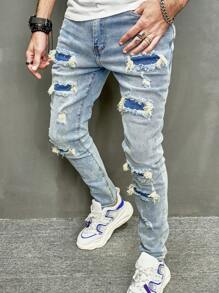 Men's Skinny Distressed Denim Jeans, Washed Blue Slim Fit Long Pants - Medium Wash - View 4