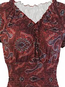 波西米亚风V领短袖A字连衣裙，饰有荷叶边和褶裥细节 - 酒紅色 - 查看 9