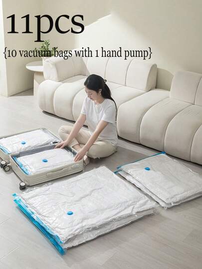 Juego/Kit de 11 piezas: 10 bolsas de almacenamiento al vacío transparentes con 1 bomba de mano, bolsa de almacenamiento sellada y ahorradora de espacio adecuada para ropa, ropa de cama, almohadas, juguetes de peluche, edredones, mantas, utensilios de cocina, bufandas, zapatos, accesorios de viaje, bolsa de almacenamiento ahorradora de espacio a prueba de polvo sellada para el hogar y ordenación de mudanzas