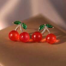 1對s925紅櫻桃水果銀針,星空貓眼石吊墜耳環 - 聖誕禮物 - 酒紅色 - 查看 9