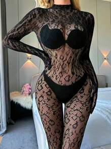 1件黑色性感内衣，性感长袖网纱连体衣，不露肤网纱连体衣 - 黑色 - 查看 3