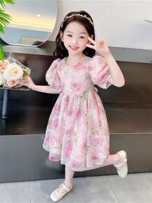 Girls Toddler Cute Floral Mesh Short Sleeve Princess Dress, Children Summer Outfit