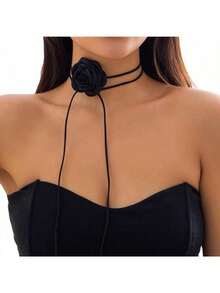 1pc Handmade Rose Flower Long Necklace, Creative DIY Floral Velvet Choker Necklace, Fashion Minimalist Elegant Neck Chain, Versatile For Daily Wear For Dress For Christmas Decor - Multicolor - View 10