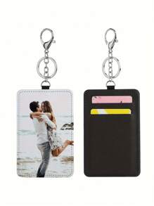 1PC Leather Card Holder Keychain With Customized Photo Sublimation - Personalized PU Leather Luggage Tag Keychain, Hot Pressed Blank Card Holder, Customized Couple, Family Photo, Special Surprise Gift For Girlfriend, Boyfriend, Father, Mother, Husband, Wife