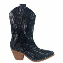 ARiderGirl Miracle Women's Western Cowboy Boots Crystal Rhinestone Embellished Stacked Leather Heel With Stitched Welt Snip Pointed Toe Mid Calf Boots