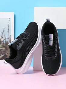 男士轻便运动跑步鞋，透气系带黑白男女款运动鞋，情侣款