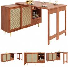 360° Rotating Bar Table (Main Body: 107 X 40 X 71.4 Cm), Brown Bar Table With Expandable Design, Storage Cabinet With Rattan Door + Open Storage Shelf, Suitable For Kitchen And Dining Room - Brown - View 2