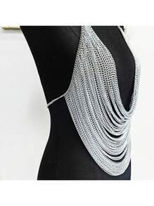 1pc Multi-Layer Tassel Chain Punk Style Body Chain Necklace, Suitable For Parties, Christmas And Daily Wear - Silver - View 4