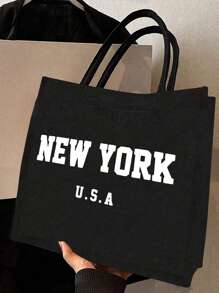 "NEW YORK" Lettering Printing Tote Bag And A Printed Small Bag,Personalized Gift Package,Linen Black Tote Bag With Black Buckle, Black Handbag, Shoulder Bag, Commuting Bag,Combination Of Small And Large Bags, Suitable For Weddings, Birthdays, Beaches, Holidays, Making It The Perfect Gift For Women, Mothers, Teachers, Friends, Bridesmaids, Big Bags, Students, And Returning To School,Christmas, Thanksgiving, And New Year Gifts