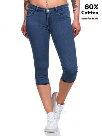 Women's Solid Color Simple Washed Denim 7/8 Pants