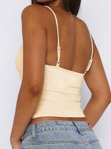 女士纯色镂空褶皱修身性感吊带背心，Y2K风格夏季音乐节 - 杏色 - 查看 3