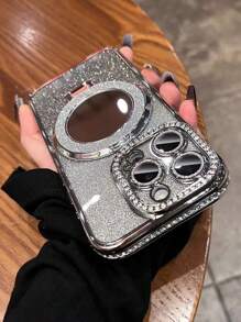 Estuche para iPhone con brillo y purpurina, soporte, soporte magnético y espejo, marco de cámara con rhinestones, cubierta protectora a prueba de golpes, delgado y liviano, estilo Y2K/estético, regalo para niñas, adolescentes y estudiantes