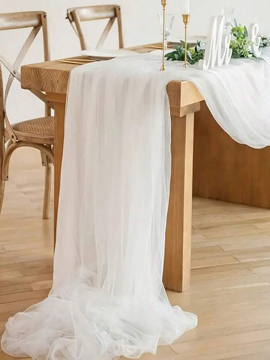 2 piezas - Elegante mantel de tul blanco con caída para centros de mesa de bodas, mantel de novia de poliéster, correas multifuncionales para sillas, perfecto para recepciones, compromisos, celebraciones de fiestas, decoración de fiestas de bodas transparentes, mantel de fiesta de cumpleaños - Blanco - Ver 1