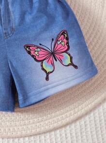 2 件套蝴蝶图案印花盖袖圆领上衣 + 数码印花蝴蝶针织短裤可爱简约套装（非牛仔布） - 白色 - 查看 8