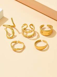 5 Stücke/Set asymmetrischer offener Boho-Stil Ring Set, verstellbare Ringe aus rostfreiem Stahl mit luxuriösem metallischen Gefühl, 18k vergoldet, nicht verblassender Schmuck für Frauen, zum Tragen auf Partys
