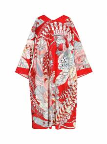 Boho Kimono Women's Plus Long Sleeve Open Front Loose Beach Kimono Cover Up