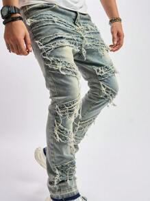 Men's Retro Casual Jeans, Slim Fit Elastic Distressed Design Flared Pants - Bronze - View 6