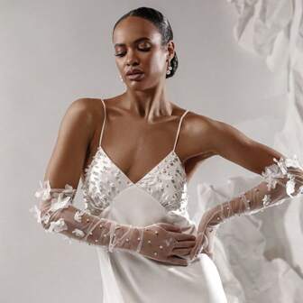 1 Pair Bridal Lace Beaded Floral Long Gloves, Vintage Wedding Dress Accessories