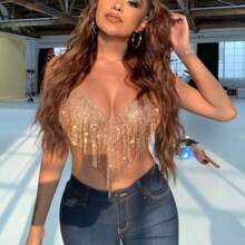 Women's Sexy Sequins Tassel Night Club Diamond-Studded Cami Top Backless String Bikini Swimwear - 金色 - 查看 4