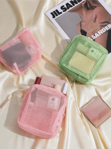 1pc Mini Macaron Color Fresh Style High-Quality Mesh Square Cosmetic Bag (Hanging Strap Sold Separately, Random Color), Women/Girls Makeup Pouch, Wallet-Style Portable Makeup Brush Holder Clutch Bag With Zipper, Suitable For Storing Lipstick, Mini Makeup Brushes, Skincare Products, Bluetooth Earphones, Small Items, Household Goods, Gifts, Suitable For Halloween, Christmas And Multi-Purpose - Multicolor - View 6