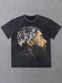 Fun Hip-Hop Fashion Street High Street Y2K Big Head Portrait Beer Cap Element Print 230g Washed Cotton T-Shirt, Men's Summer High-Quality Printed Washed Cotton Retro Fashion Brand Loose Casual Black T-Shirt, Suitable For Outdoor Wear In Summer, With A Certain Thickness, Daily Wear And Friend Gifts, Back To School Gifts, Children's Gifts